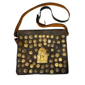 Vintage Moroccan Style Leather Crossbody Purse Bag Adorned with Old Coins Boho